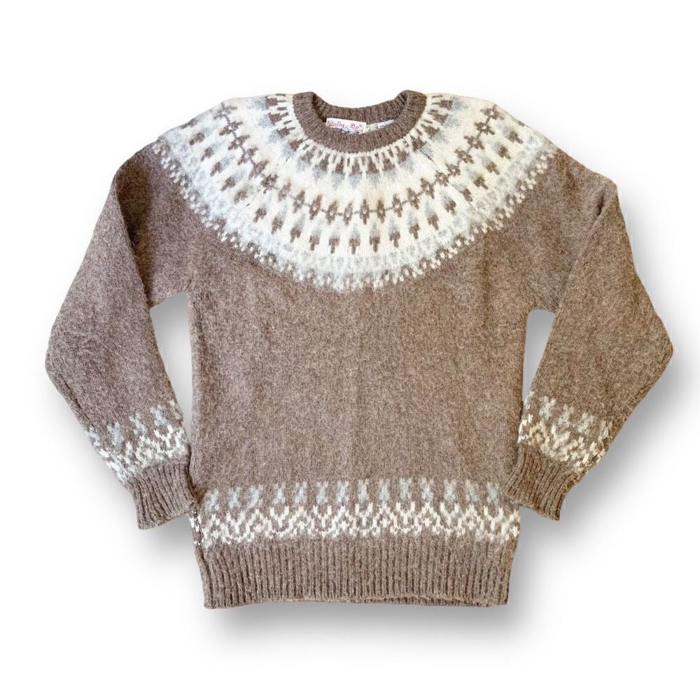 Vintage 80s Tally Ho Tan Cream Classic Fair Isle Shetland 100% Pure Wool Sweater